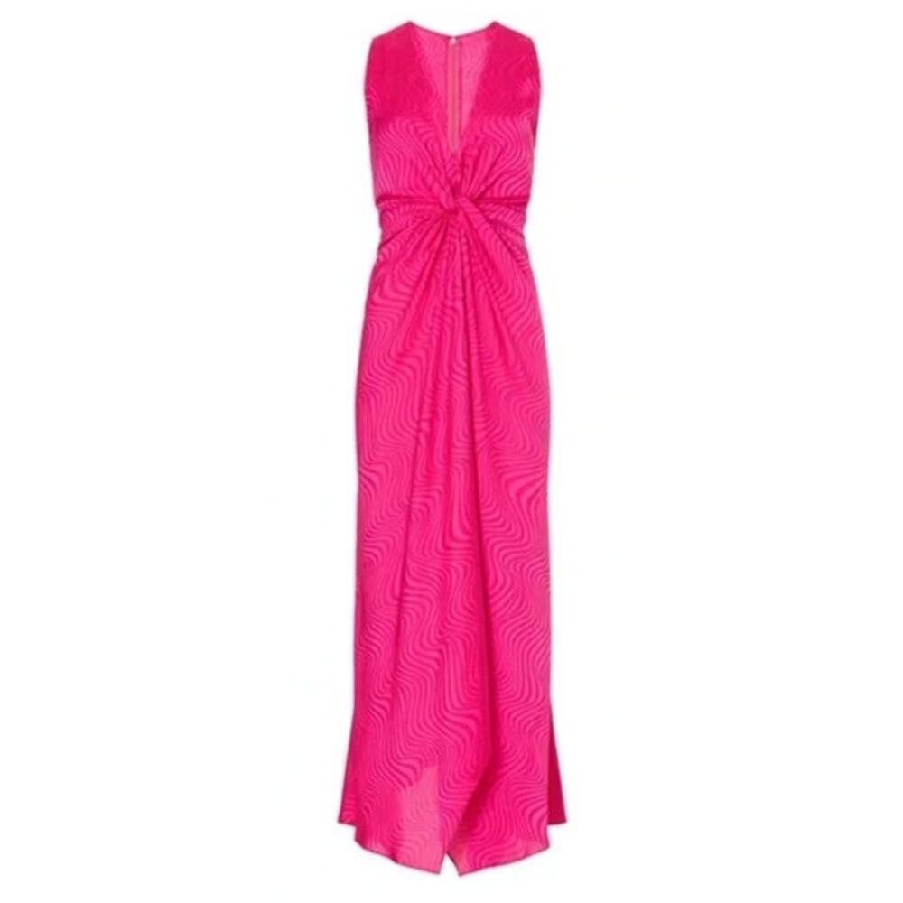 Ronny Kobo Satin Dress Wavy Sleeveless V-Neck Twist Front Midi Two Tone Pink 8